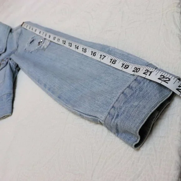 Vanilla Star Jeans | Light Wash Distressed Embroidered Cropped Jean Jacket - Picture 14 of 16